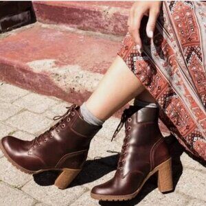 TIMBERLAND Glancy Ankle Heels Boots 7.5 Leather Burgundy/Brown Lug Lace-Up Boho
